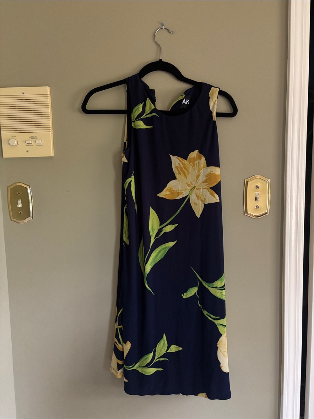 Anne Klein Navy Midi Dress with Yellow Floral Print